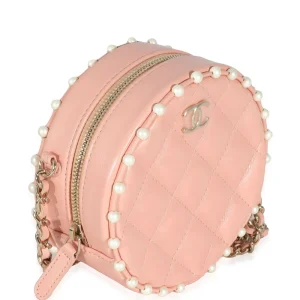 Alternative view of Pink Quilted Calfskin Pearl Round Clutch With Chain