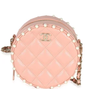 Pink Quilted Calfskin Pearl Round Clutch With Chain
