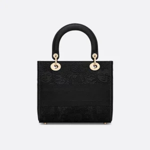 Dior Lady D-Lite Bag Black Toile de Jouy Soleil Macramé Embroidery
