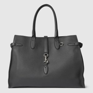 GUCCI LARGE GREY LEATHER TOTE BAG WITH HOOK CLOSURE