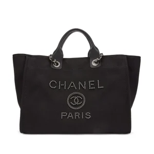 Chanel Large Deauville Black Canvas Imitation Pearl
