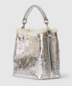 Gucci GG Emblem small bucket silver textured leather bag