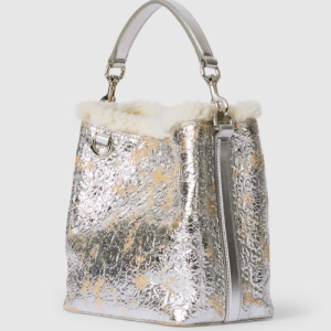 Gucci GG Emblem small bucket silver textured leather bag