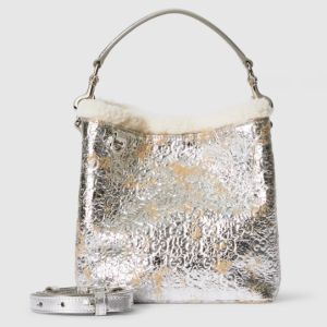 Gucci GG Emblem small bucket silver textured leather bag